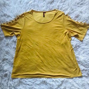 Yellow Flowy Top wioth Cross String Sleeve Design